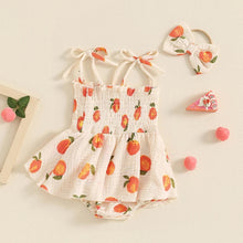 Load image into Gallery viewer, Baby Girls 2Pcs Summer Romper Dress Sleeveless Peach Print Cami Tank Playsuit with Headband Set