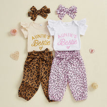 Load image into Gallery viewer, Baby Girls 3Pcs Auntie's Bestie Outfit Short Sleeve Letter Print Romper with Leopard Pattern Print Belted Pants and Headband Set