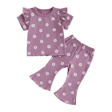 Load image into Gallery viewer, Toddler Kids Girl 2Pcs Summer Outfit Ruffle Short Sleeve Floral Flowers Print Top + Bell Bottom Pants Set Clothes
