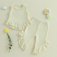 Load image into Gallery viewer, Baby Toddler Girl 2Pcs Summer Outfit Solid Waffle Round Neck Ruffled Tank Top with Long Pants Set

