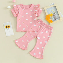 Load image into Gallery viewer, Toddler Kids Girl 2Pcs Summer Outfit Ruffle Short Sleeve Floral Flowers Print Top + Bell Bottom Pants Set Clothes
