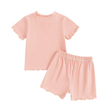 Load image into Gallery viewer, Baby Toddler Kids Girls 2Pcs Short Sleeve Crew Neck Ruffle Sleeve Top with Elastic Waist Shorts Outfit Set
