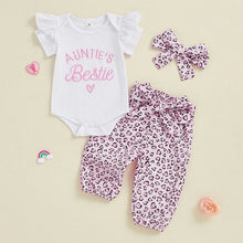 Load image into Gallery viewer, Baby Girls 3Pcs Auntie's Bestie Outfit Short Sleeve Letter Print Romper with Leopard Pattern Print Belted Pants and Headband Set

