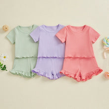 Load image into Gallery viewer, Baby Toddler Girls 2Pcs Ribbed Outfit Solid Color Short Sleeve T-Shirt Top Elastic Waist Ruffle Shorts Set

