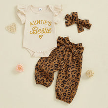 Load image into Gallery viewer, Baby Girls 3Pcs Auntie's Bestie Outfit Short Sleeve Letter Print Romper with Leopard Pattern Print Belted Pants and Headband Set
