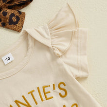 Load image into Gallery viewer, Baby Girls 3Pcs Auntie's Bestie Outfit Short Sleeve Letter Print Romper with Leopard Pattern Print Belted Pants and Headband Set
