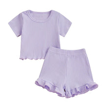 Load image into Gallery viewer, Baby Toddler Girls 2Pcs Ribbed Outfit Solid Color Short Sleeve T-Shirt Top Elastic Waist Ruffle Shorts Set
