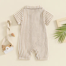 Load image into Gallery viewer, Baby Boy Striped Romper Short Sleeve Front Pocket Single-breasted Button Collar Legs Jumpsuit
