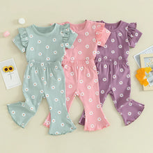 Load image into Gallery viewer, Toddler Kids Girl 2Pcs Summer Outfit Ruffle Short Sleeve Floral Flowers Print Top + Bell Bottom Pants Set Clothes
