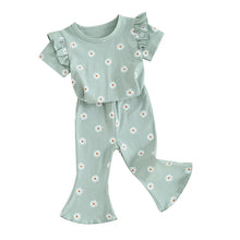 Load image into Gallery viewer, Toddler Kids Girl 2Pcs Summer Outfit Ruffle Short Sleeve Floral Flowers Print Top + Bell Bottom Pants Set Clothes
