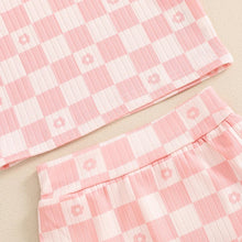 Load image into Gallery viewer, Baby Toddler Girls 2Pcs Summer Set Short Sleeve Checkerboard Flower Print Top Shorts Bloomers Outfit
