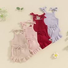Load image into Gallery viewer, Baby Girl 2Pcs Outfits Knit Solid Color Sleeveless Cami Tank Top Tie with Elastic Waist Shorts Outfit Set

