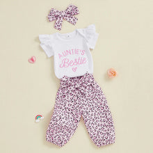 Load image into Gallery viewer, Baby Girls 3Pcs Auntie's Bestie Outfit Short Sleeve Letter Print Romper with Leopard Pattern Print Belted Pants and Headband Set
