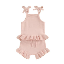 Load image into Gallery viewer, Baby Girl 2Pcs Outfits Knit Solid Color Sleeveless Cami Tank Top Tie with Elastic Waist Shorts Outfit Set
