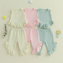 Load image into Gallery viewer, Baby Toddler Girl 2Pcs Summer Outfit Solid Waffle Round Neck Ruffled Tank Top with Long Pants Set
