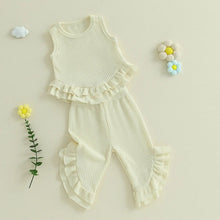 Load image into Gallery viewer, Baby Toddler Girl 2Pcs Summer Outfit Solid Waffle Round Neck Ruffled Tank Top with Long Pants Set
