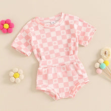 Load image into Gallery viewer, Baby Toddler Girls 2Pcs Summer Set Short Sleeve Checkerboard Flower Print Top Shorts Bloomers Outfit
