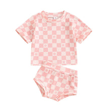 Load image into Gallery viewer, Baby Toddler Girls 2Pcs Summer Set Short Sleeve Checkerboard Flower Print Top Shorts Bloomers Outfit
