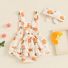 Load image into Gallery viewer, Baby Toddler Girls Romper Peach Print Sleeveless Square Neck Side Tiered Ruffled Jumpsuit with Headband Set
