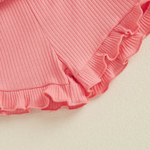 Load image into Gallery viewer, Baby Toddler Girls 2Pcs Ribbed Outfit Solid Color Short Sleeve T-Shirt Top Elastic Waist Ruffle Shorts Set
