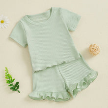 Load image into Gallery viewer, Baby Toddler Girls 2Pcs Ribbed Outfit Solid Color Short Sleeve T-Shirt Top Elastic Waist Ruffle Shorts Set
