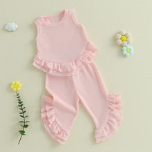 Load image into Gallery viewer, Baby Toddler Girl 2Pcs Summer Outfit Solid Waffle Round Neck Ruffled Tank Top with Long Pants Set
