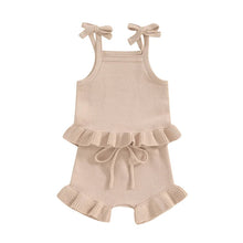 Load image into Gallery viewer, Baby Girl 2Pcs Outfits Knit Solid Color Sleeveless Cami Tank Top Tie with Elastic Waist Shorts Outfit Set
