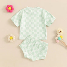 Load image into Gallery viewer, Baby Toddler Girls 2Pcs Summer Set Short Sleeve Checkerboard Flower Print Top Shorts Bloomers Outfit
