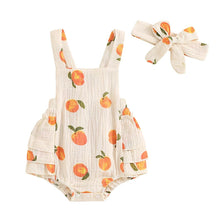 Load image into Gallery viewer, Baby Toddler Girls Romper Peach Print Sleeveless Square Neck Side Tiered Ruffled Jumpsuit with Headband Set
