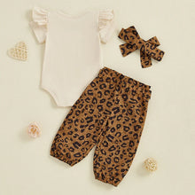 Load image into Gallery viewer, Baby Girls 3Pcs Auntie's Bestie Outfit Short Sleeve Letter Print Romper with Leopard Pattern Print Belted Pants and Headband Set
