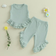 Load image into Gallery viewer, Baby Toddler Girl 2Pcs Summer Outfit Solid Waffle Round Neck Ruffled Tank Top with Long Pants Set
