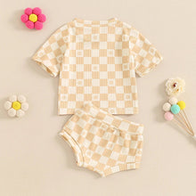 Load image into Gallery viewer, Baby Toddler Girls 2Pcs Summer Set Short Sleeve Checkerboard Flower Print Top Shorts Bloomers Outfit
