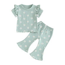 Load image into Gallery viewer, Toddler Kids Girl 2Pcs Summer Outfit Ruffle Short Sleeve Floral Flowers Print Top + Bell Bottom Pants Set Clothes
