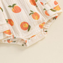 Load image into Gallery viewer, Baby Toddler Girls Romper Peach Print Sleeveless Square Neck Side Tiered Ruffled Jumpsuit with Headband Set
