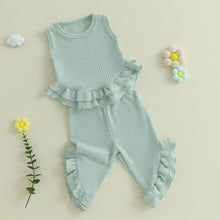Load image into Gallery viewer, Baby Toddler Girl 2Pcs Summer Outfit Solid Waffle Round Neck Ruffled Tank Top with Long Pants Set
