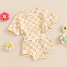 Load image into Gallery viewer, Baby Toddler Girls 2Pcs Summer Set Short Sleeve Checkerboard Flower Print Top Shorts Bloomers Outfit
