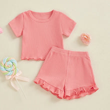 Load image into Gallery viewer, Baby Toddler Girls 2Pcs Ribbed Outfit Solid Color Short Sleeve T-Shirt Top Elastic Waist Ruffle Shorts Set
