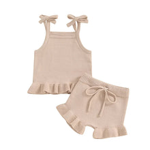 Load image into Gallery viewer, Baby Girl 2Pcs Outfits Knit Solid Color Sleeveless Cami Tank Top Tie with Elastic Waist Shorts Outfit Set
