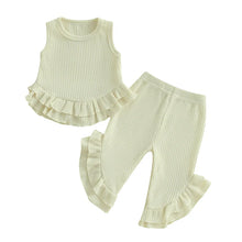 Load image into Gallery viewer, Baby Toddler Girl 2Pcs Summer Outfit Solid Waffle Round Neck Ruffled Tank Top with Long Pants Set
