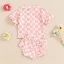 Load image into Gallery viewer, Baby Toddler Girls 2Pcs Summer Set Short Sleeve Checkerboard Flower Print Top Shorts Bloomers Outfit
