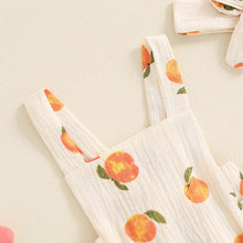 Load image into Gallery viewer, Baby Toddler Girls Romper Peach Print Sleeveless Square Neck Side Tiered Ruffled Jumpsuit with Headband Set
