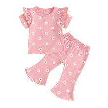 Load image into Gallery viewer, Toddler Kids Girl 2Pcs Summer Outfit Ruffle Short Sleeve Floral Flowers Print Top + Bell Bottom Pants Set Clothes
