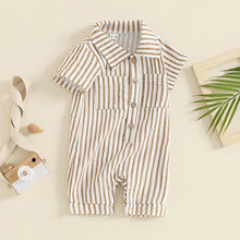 Load image into Gallery viewer, Baby Boy Striped Romper Short Sleeve Front Pocket Single-breasted Button Collar Legs Jumpsuit
