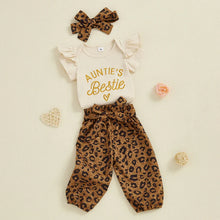 Load image into Gallery viewer, Baby Girls 3Pcs Auntie's Bestie Outfit Short Sleeve Letter Print Romper with Leopard Pattern Print Belted Pants and Headband Set
