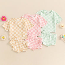 Load image into Gallery viewer, Baby Toddler Girls 2Pcs Summer Set Short Sleeve Checkerboard Flower Print Top Shorts Bloomers Outfit
