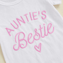 Load image into Gallery viewer, Baby Girls 3Pcs Auntie's Bestie Outfit Short Sleeve Letter Print Romper with Leopard Pattern Print Belted Pants and Headband Set
