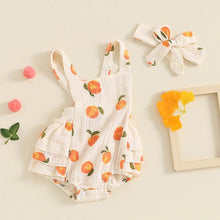 Load image into Gallery viewer, Baby Toddler Girls Romper Peach Print Sleeveless Square Neck Side Tiered Ruffled Jumpsuit with Headband Set
