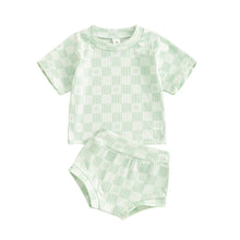 Load image into Gallery viewer, Baby Toddler Girls 2Pcs Summer Set Short Sleeve Checkerboard Flower Print Top Shorts Bloomers Outfit
