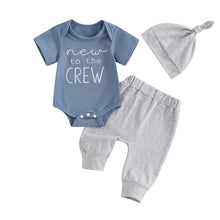 Load image into Gallery viewer, Baby Boy 3Pcs New To The Crew Outfit Letter Short Sleeve Romper with Solid Color Pants and Hat Set

