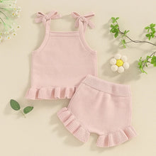 Load image into Gallery viewer, Baby Girl 2Pcs Outfits Knit Solid Color Sleeveless Cami Tank Top Tie with Elastic Waist Shorts Outfit Set
